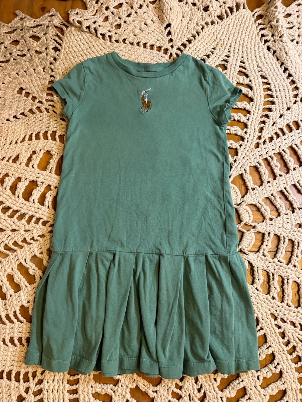 Polo Ralph Lauren Girls 6X Green Polo Pony Dress Pleated Drop Waist Cotton